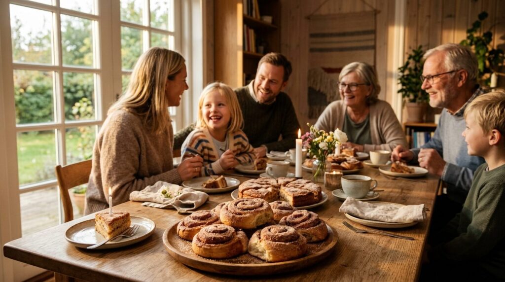 Celebratory food scene: Family gathering around a birthday t