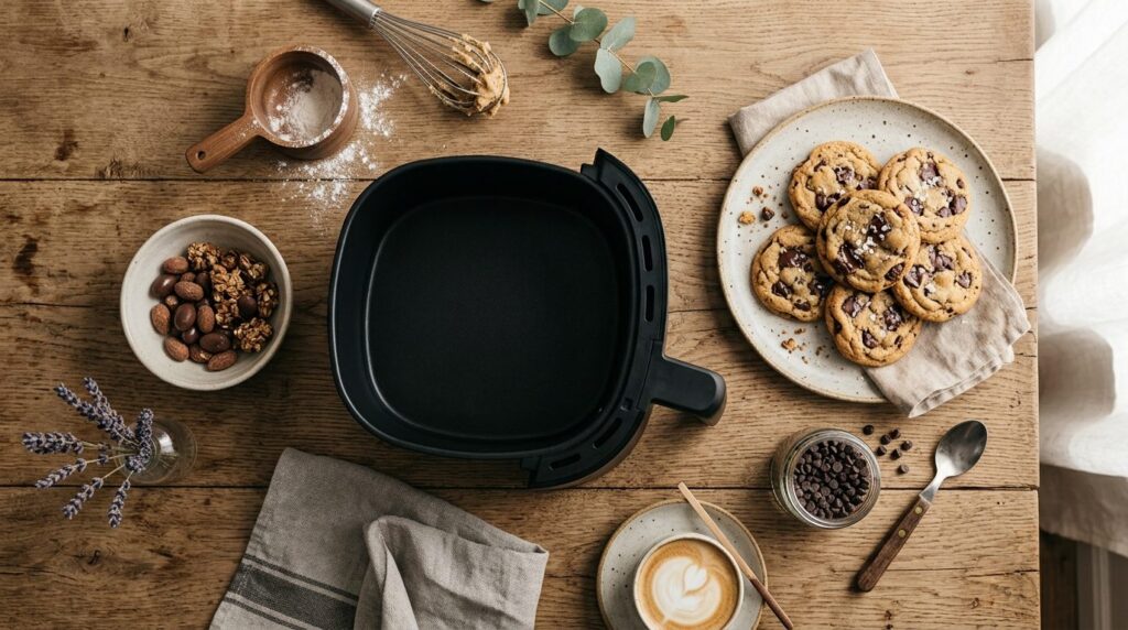 Flat lay overhead composition of an uncoated air fryer with 