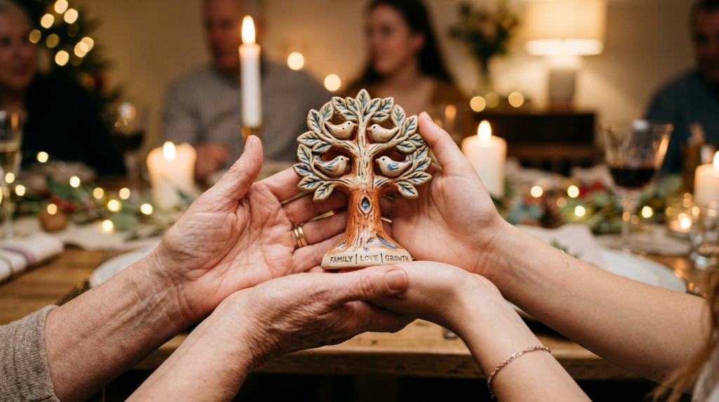 Close-up detail shot of hands gently holding a handmade cera