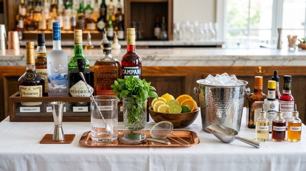 Close-up of organized bar station with labeled bottles, fres