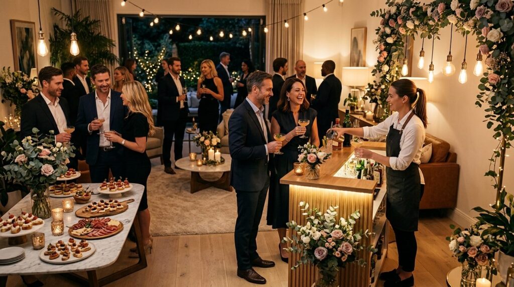 Elegant home celebration scene with bartender serving signat