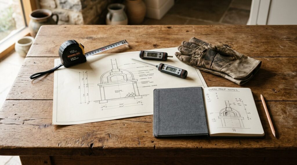 Close-up flat lay of ceramic oven preparation checklist item
