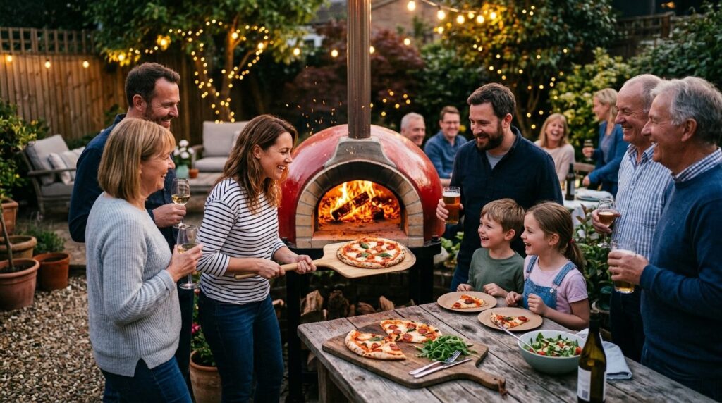Warm inviting scene of a family gathering around a lit ceram