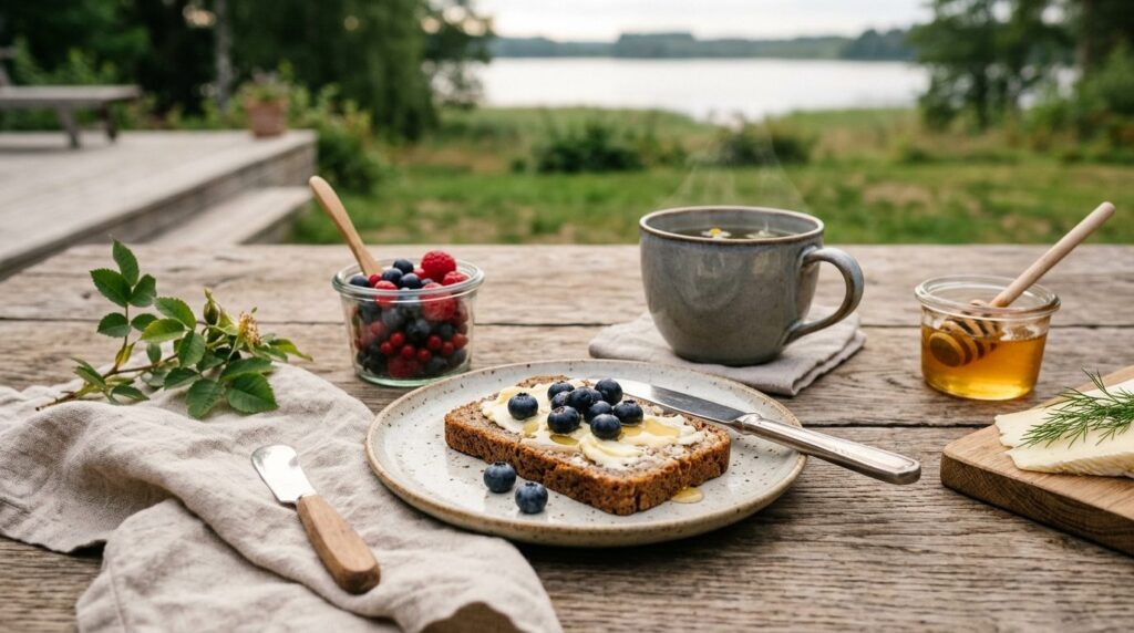 Close-up lifestyle photograph of artisanal Nordic breakfast 
