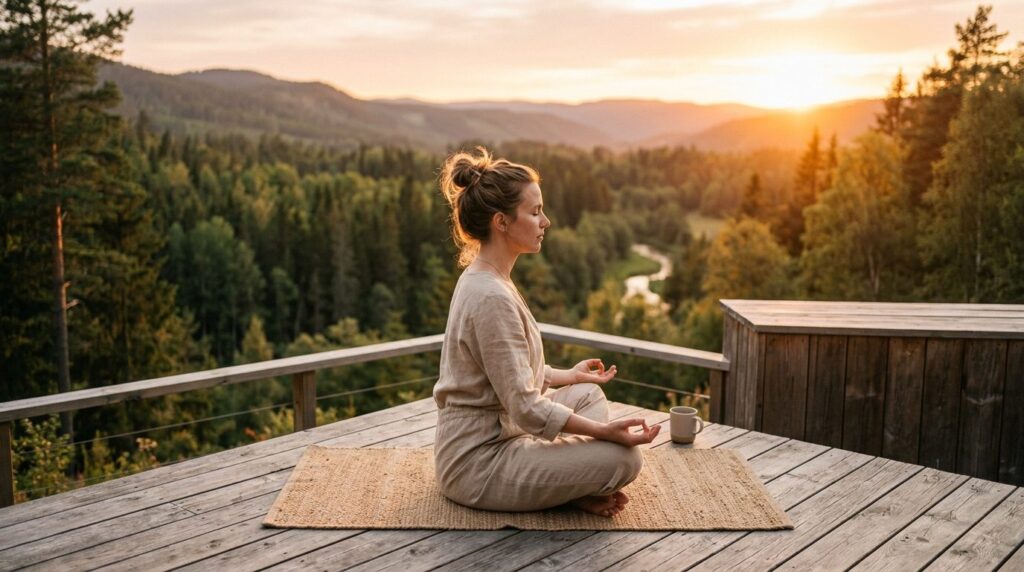 Woman in linen clothing sitting barefoot on wooden deck over