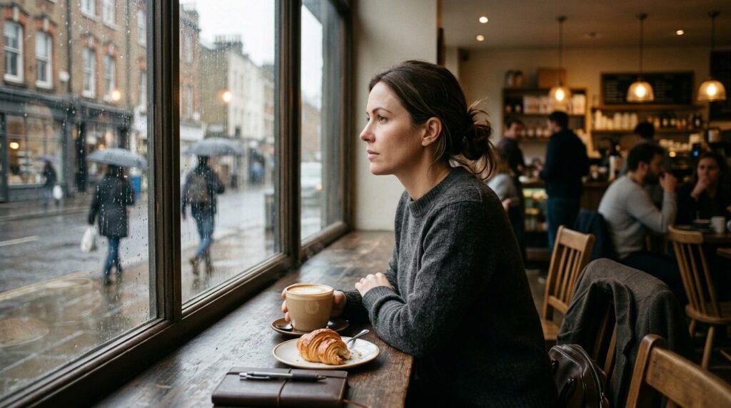 A woman sitting alone at a coffee shop window table with a w