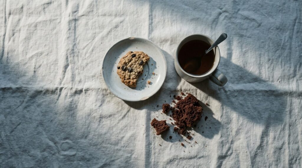 Flat lay photography of comfort food items - cookies, cake c