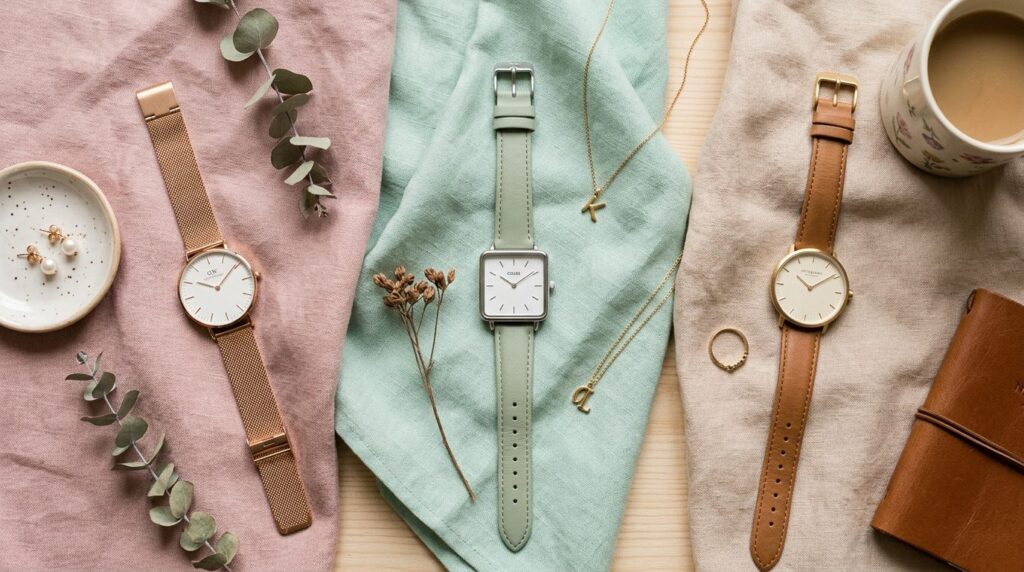 Flat lay overhead shot of three different womens watches wi