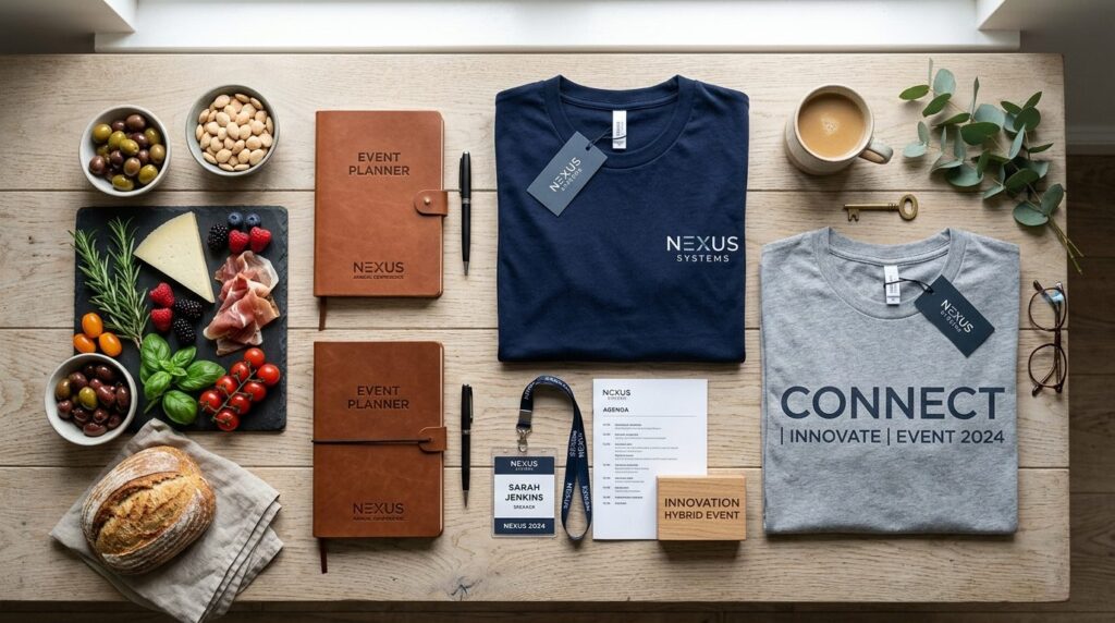 Overhead flat lay composition of branded corporate t-shirt m