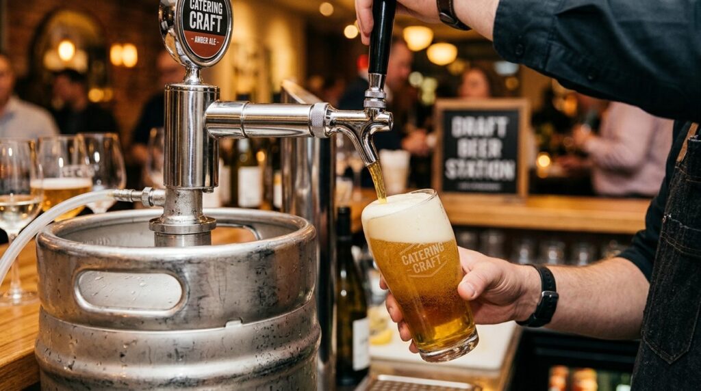 Close-up detailed shot of a draft beer tap system mounted on