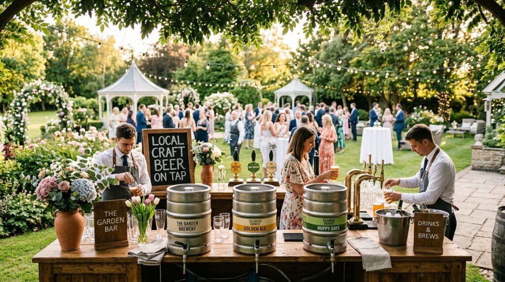 Wide shot of an elegant garden party scene with multiple bee